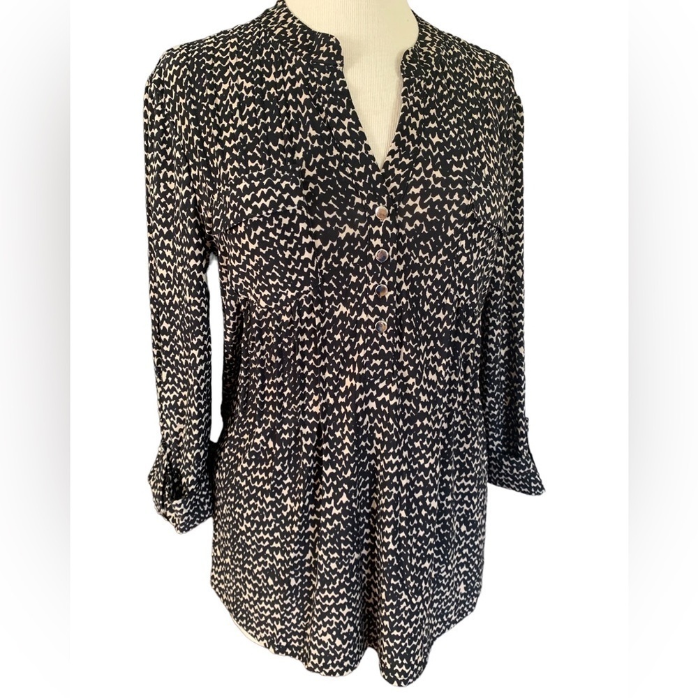 COCOMO Large Black Beige 3/4 sleeve women’s Pintuck Blouse top shirt tun… - Picture 2 of 13